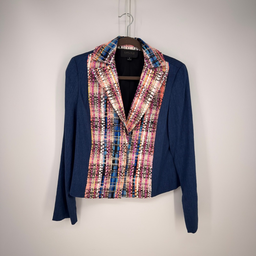 Carlisle Collection Blazer Womens Size 6 Blue Multi Tweed Linen Blend Artsy Chic